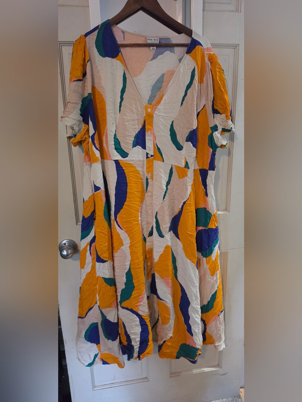 Ava & Viv Cream Midi Dress with Yellow, Blue and Green Abstract Print